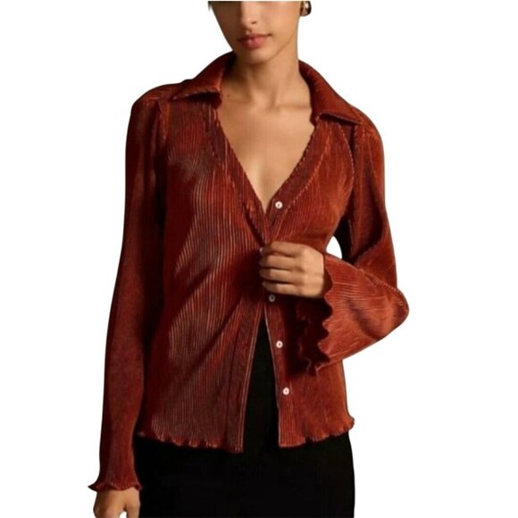 Anthropologie Dolan Lettuce Hem Button Down Pleated Bell Sleeve Blouse Size M - Picture 1 of 9